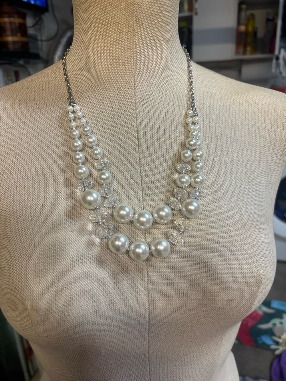 Classic Double-Strand Pearl and Crystal Necklace - White